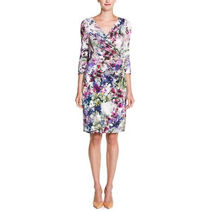 Kay Unger Watercolor Floral Long Sleeve Dress Size 8 Purple/Green/Grey